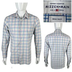 Mizzen + Main Mens Medium Shirt Checks White Green Long Sleeve Trim Fit  EUC